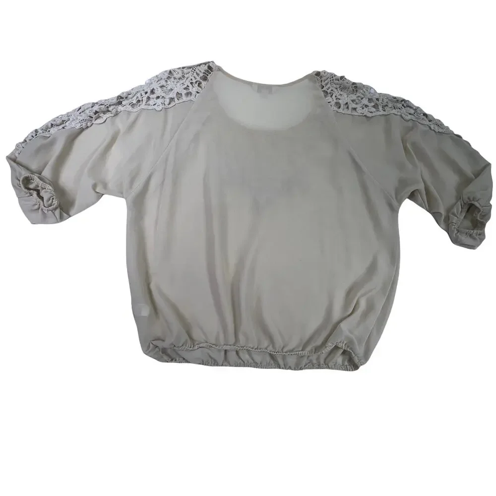 Charming Charlie Beige Semi Sheer Chiffon Crochet Lace Trimmed Blouse Top Small - Picture 2 of 12